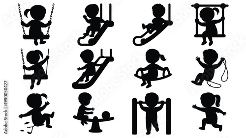 Black silhouettes of children playing on various swings and slides in a playground fun and carefree outdoor activities