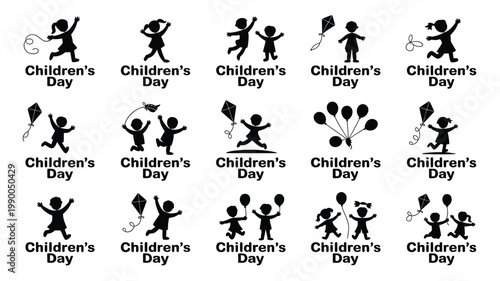 Bundle of 12 children's day logos with silhouettes of happy kids playing and having fun with balloons and toys on white background