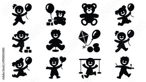 Collection of children's day silhouettes with teddy bears balloons and kids playing joyful and happy icons for kids' activities and celebrations