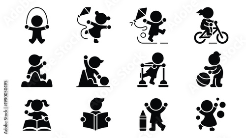 Collection of 12 minimalist vector icons depicting children engaging in various activities and hobbies on white background