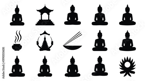 Bundle of 12 black buddha silhouettes with meditation poses and buddhist symbols on white background for spirituality and mindfulness concepts