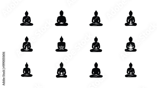 Minimalist vector design featuring twelve black meditating buddha statues in various poses on white background for mindfulness and relaxation concepts