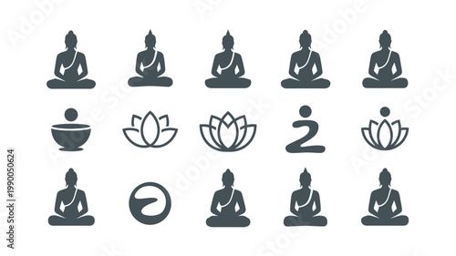 Vector illustration featuring multiple buddha statues and meditation symbols in dark gray on white background for mindfulness and relaxation concepts