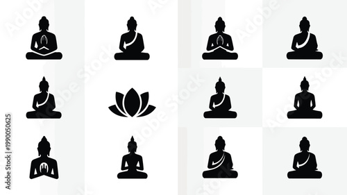 Collection of black buddha icons and lotus flower symbols on white background for meditation and spirituality