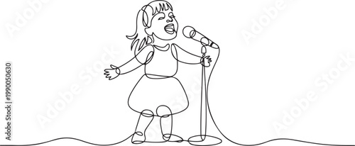 Continuous one line drawing happy cute little kid girl sing a song. Good performance and talent on stage. Beautiful melodic singing of children. one line art icon drawing vector