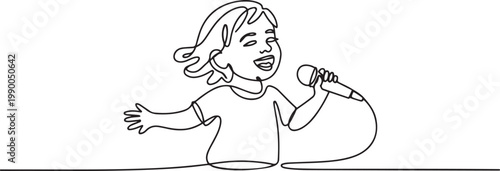 Continuous one line drawing happy cute little kid girl sing a song. Good performance and talent on stage. Beautiful melodic singing of children. one line art icon drawing vector