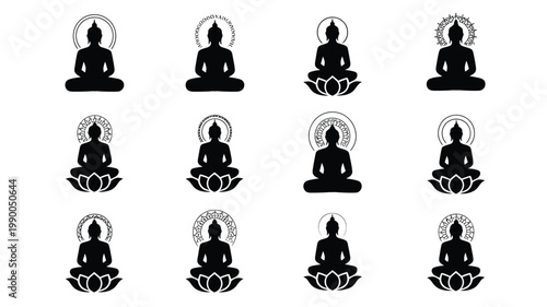 Collection of 12 premium buddha silhouettes in various meditation poses with lotus flowers and halos on white background