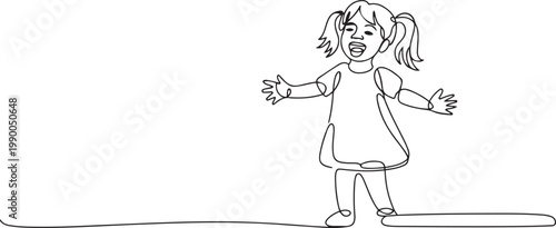 Continuous one line drawing happy cute little kid girl sing a song. Good performance and talent on stage. Beautiful melodic singing of children. one line art icon drawing vector