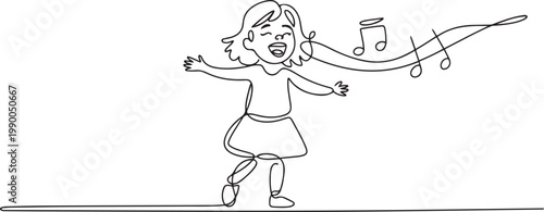 Continuous one line drawing happy cute little kid girl sing a song. Good performance and talent on stage. Beautiful melodic singing of children. one line art icon drawing vector