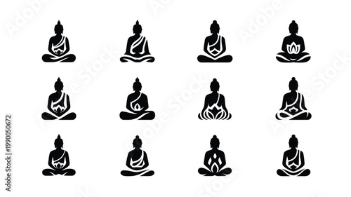Collection of 12 minimalist buddha silhouettes in various meditation poses on white background for zen and wellness concepts
