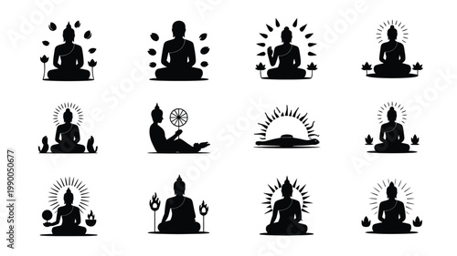 A collection of 12 unique buddha silhouettes in various meditative poses with halos and symbols on white background for spirituality and wellness designs