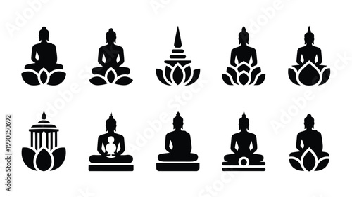 Vintage buddha emblem silhouettes with lotus flowers and pagodas on white background meditation icons set