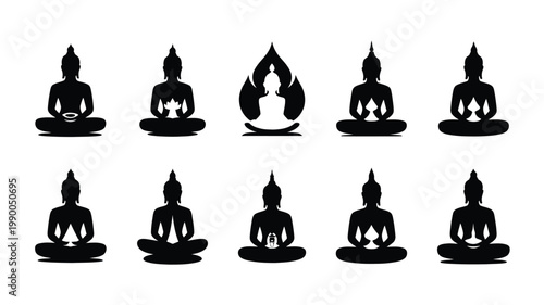 Buddha silhouettes in various meditation poses on white background black emblems for yoga and wellness concepts