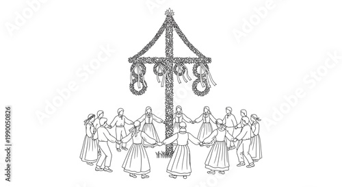 Traditional Maypole Dance: People in Circle Holding Hands, Folk Celebration
