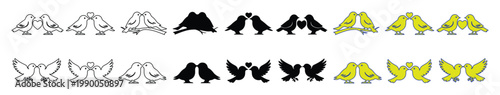 Set of 12 Love Bird Icons Vector in Outline, Silhouette, and Color Styles isolated PNG with Transparent Background