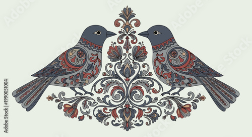 Two Decorative Birds with Floral Ornament, Folk Art Style