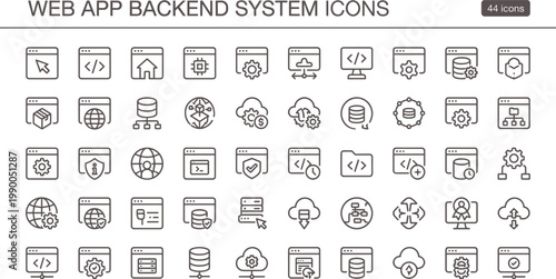 Web app backend system icon set in modern outline style for server infrastructure dashboard interface and software development applications