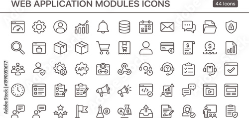 Web application modules icons in clean outline style for dashboard interface feature management and scalable software system design