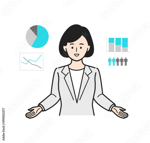 グラフを説明するスーツの女性