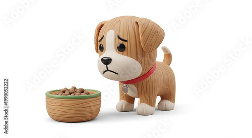 Sad cartoon puppy looking at an empty food bowl, illustration of pet hunger or neglect, cute animal with worried expression, isolated on white background