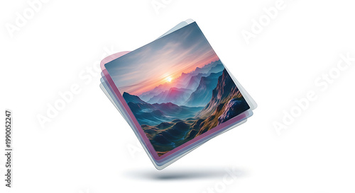 Stack of pixelated digital screens displaying a vibrant mountain landscape at sunset with a glowing sun and city lights below, digital art