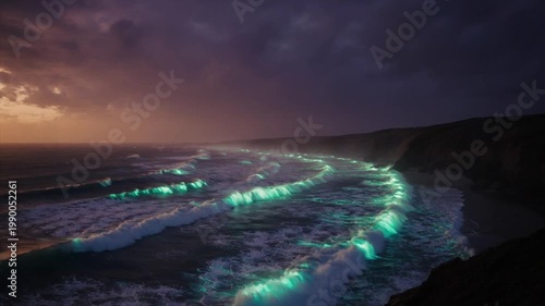 燐光嵐・空撮オービット・黄昏の発光大波・壮大な海景