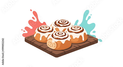 Pixel art cinnamon rolls with icing, served on a wooden board with colorful splashes in the background, bakery food illustration