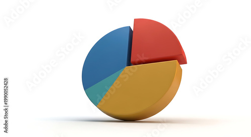 Three dimensional segmented pie chart with four distinct colored sections, representing data visualization and business analytics, isolated on a clean white background