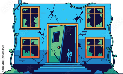 A person stands in front of a dilapidated house with broken windows and an open creaky door on a staircase.