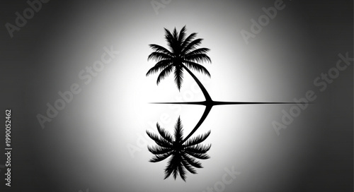 Silhouette of a palm tree reflected in water.