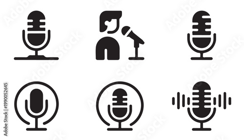 Microphone icons set including standing mic, person speaking, and mic with sound waves.
