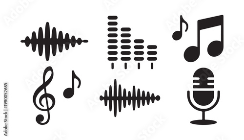 Music and sound icons including sound waves, equalizer, musical notes, treble clef, microphone.