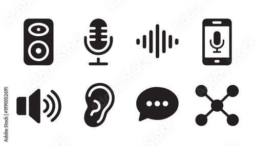 Sound icons speaker microphone voice wave phone ear speech bubble connection symbol.