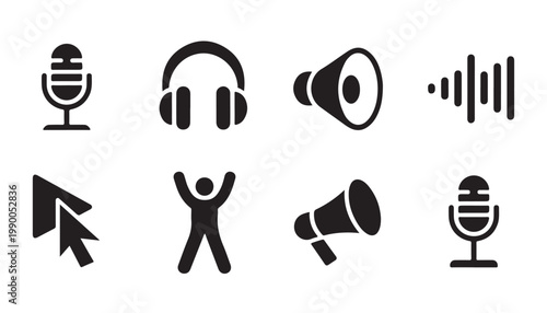 Professional sound equipment icons collection for digital media and podcasting applications.