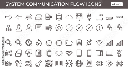 System communication flow icon set in modern outline style for network data exchange dashboard interface and digital platform connectivity