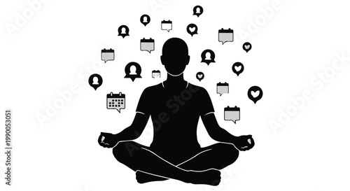 Meditating person surrounded by social media icons