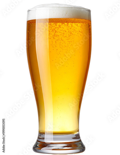 Full glass of light golden beer with frothy head