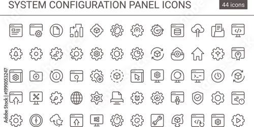 System configuration panel icon set in modern outline style for settings dashboard interface and software control management systems