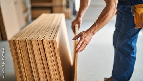 Worker stacking wood planks in a carpentry workshop