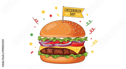 Illustrated Cheeseburger with Flag and Confetti.