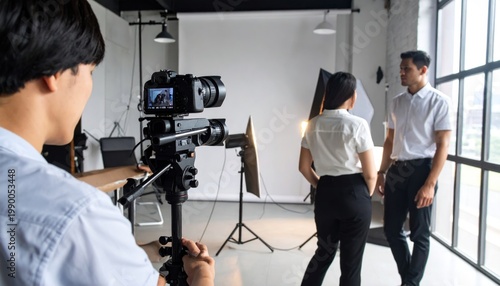 Professional Photographer Shooting Male and Female Models with DSLR Camera on Tripod in Photo Studio