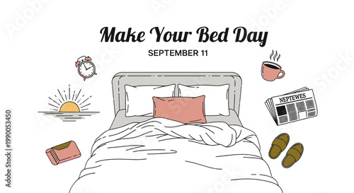 Illustration of a bed with pink pillow.