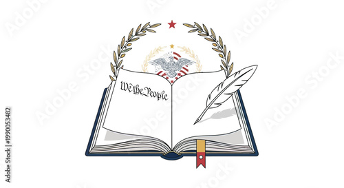 Illustration of Open Book with Quill Pen.
