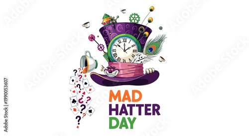 Mad Hatter Day Top Hat Clock Illustration.
