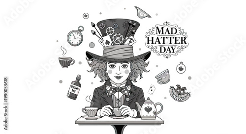 Mad Hatter Day Illustration with Tea Party.