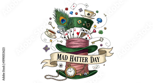 Mad Hatter Day Top Hat Illustration.
