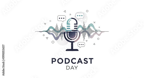 Microphone with Sound Waves and Speech Bubbles.