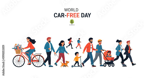 People Walking and Cycling on Car Free Day.