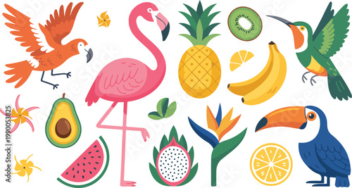 Tropical Vector Icon Set Featuring Pink Flamingo Toucan Parrot And Exotic Fruits With Flowers In A Vibrant Flat Design Style, 19 words.