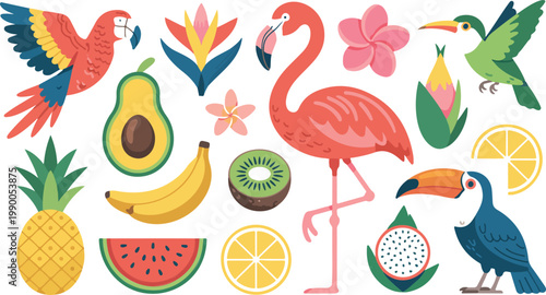 Tropical Vector Icon Set Featuring Pink Flamingo Toucan Parrot And Exotic Fruits With Flowers In A Vibrant Flat Design Style, 19 words.